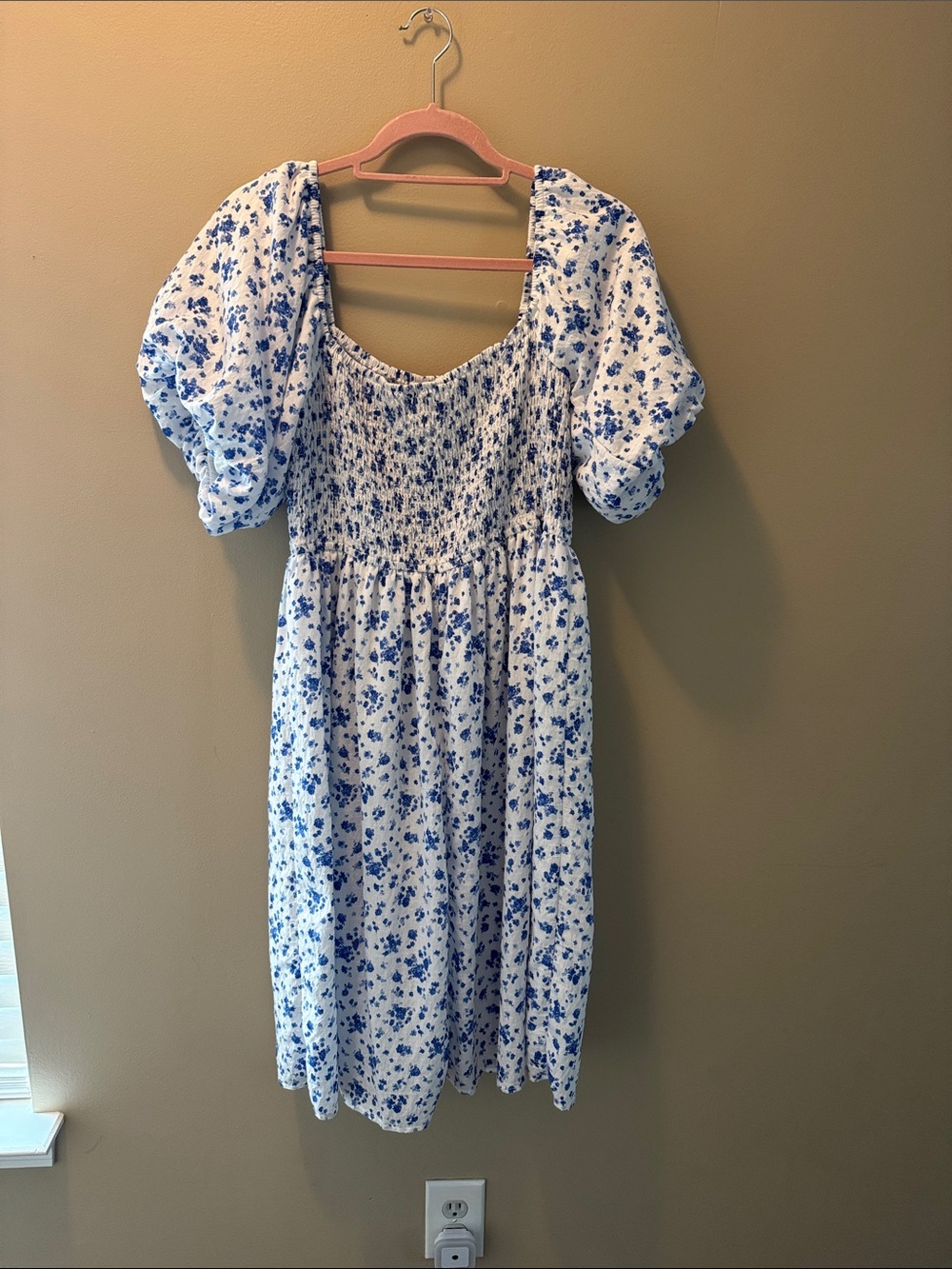 Xhilaration White and Blue Floral Smocked Midi Dress with Puff Sleeves
